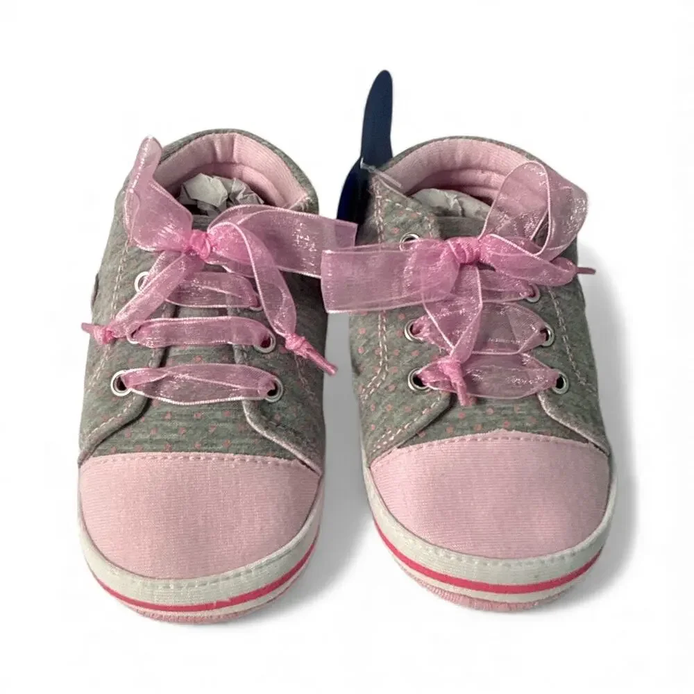 Baby Soft Bottom Shoes Pink Grey Polka Dot Crib Sneakers Size 19 NEW